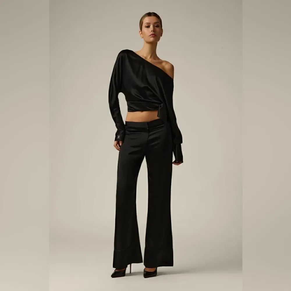 NWT Sandra Sardinia Black Wide Leg Silk Pants size 24W